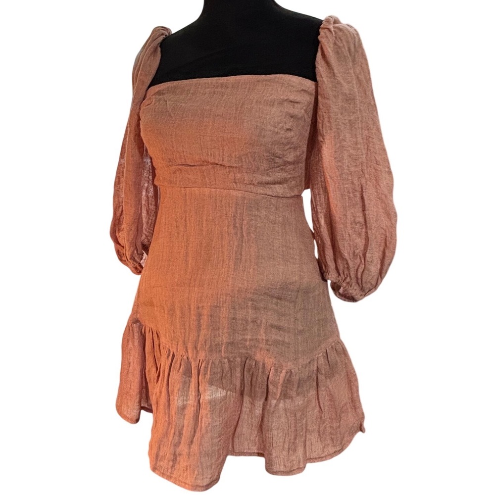 Rumer The Label Womens XS Pink Linen Puff Sleeve Tie‎ Back Cutout Mini Dress